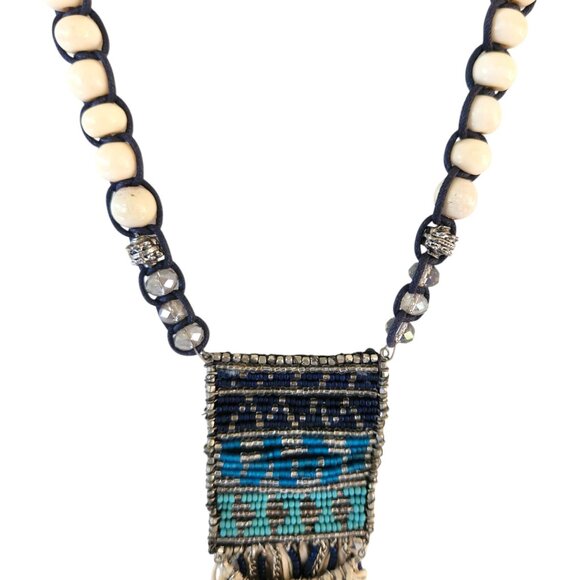 Chico's Boho Beaded Necklace Tassel Pendant Ethnic Wood Acrylic Cream Blue Green - Picture 7 of 11